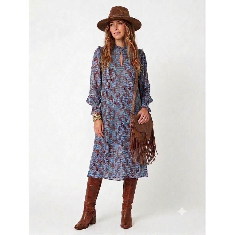 The Fold Dress 10 Midi Blue Silk Blend Floral Ruffle Keyhole Neck Office Sheer